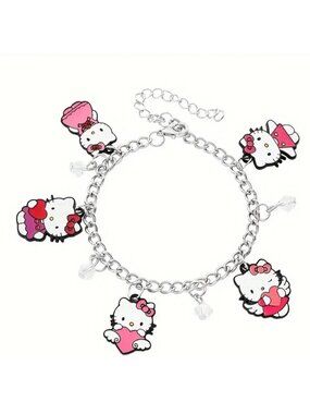 Hello Kitty Silver Beaded Charm Bracelet – Adjustable Chain for Kids & Adults